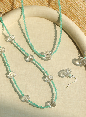 夏日清爽琉璃南瓜珠薄荷绿串珠项链女波西米亚清新串珠锁骨链耳环