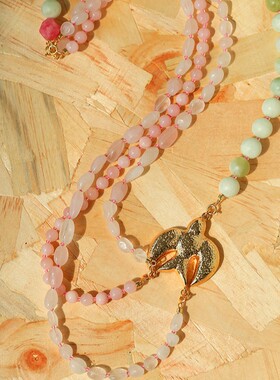 原创春日复古天然石串珠飞鸟项链女撞色和平鸽可拆卸DIY锁骨链