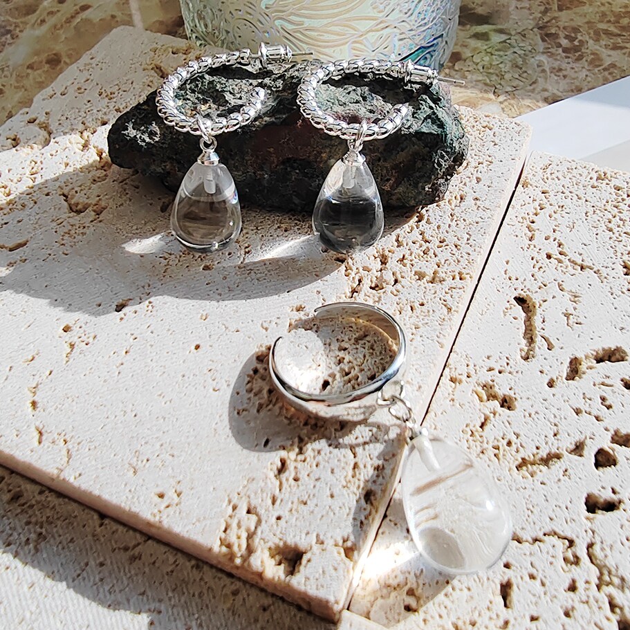 轻奢简约小众设计白水晶泪珠形银针开口麻花圈耳环耳饰开口戒指