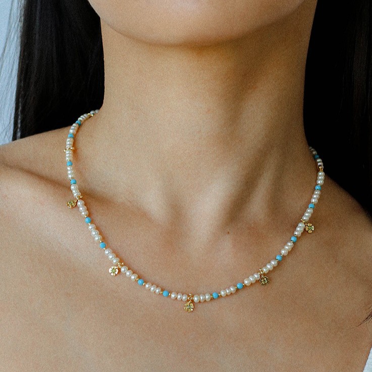 ins风小众叠戴高级感轻奢淡水珍珠人造蓝松石手工串珠项链颈链女