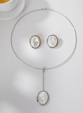 天然白贝母虎眼石玛瑙项圈吊坠圆形锁骨链小众轻奢欧美INS风项链