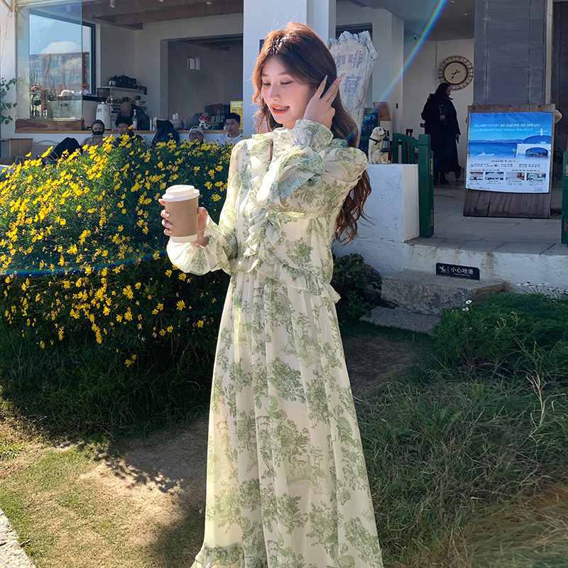 现货！法式茶歇绿色印花连衣长裙260-5027-P145K208,女装连衣裙,芭图娜