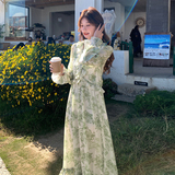 现货！法式茶歇绿色印花连衣长裙260-5027-P145K208，女装连衣裙，芭图娜