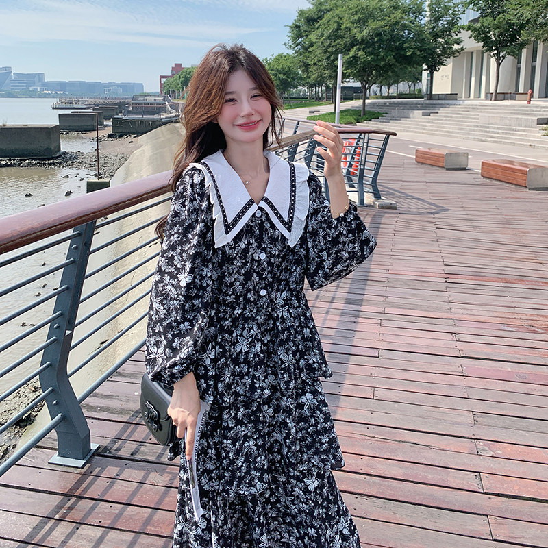 大货已出！法式蛋糕裙黑色碎花撞色领连衣裙260-3371-P135K188，女装连衣裙，芭图娜