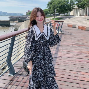 大货已出！法式蛋糕裙 黑色碎花撞色领连衣裙 260-3371-P135K188,女装连衣裙,芭图娜