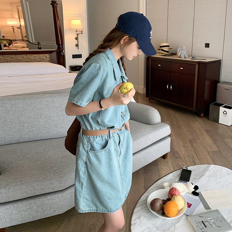 美式牛仔连衣裙女夏薄款2025新款独特小众设计感气质收腰衬衫裙子,女装连衣裙,芭图娜