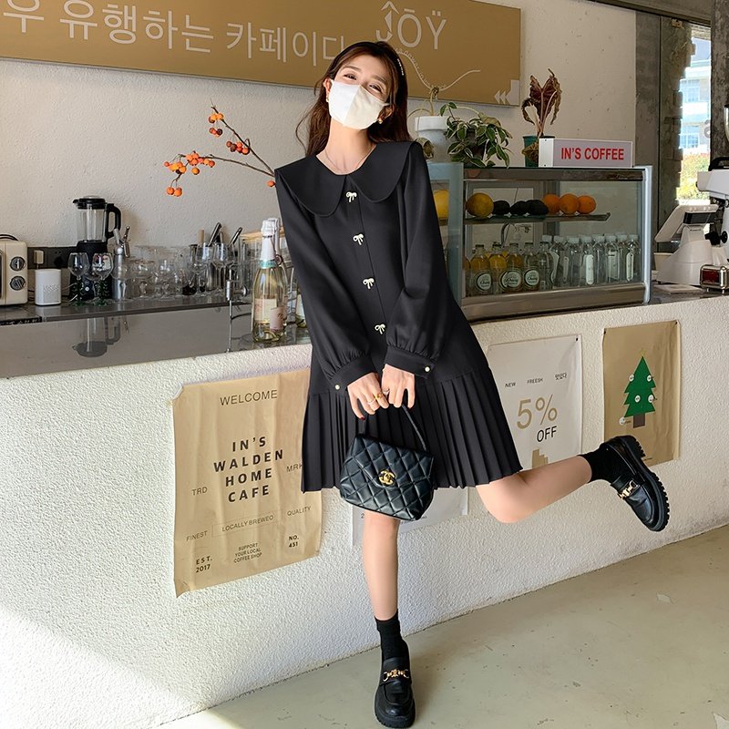 红色娃娃领连衣裙女2025春夏新款大码宽松甜美小个子百褶衬衫裙子,女装连衣裙,芭图娜