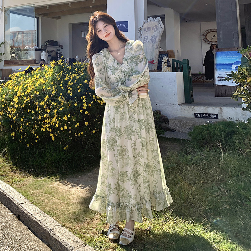 现货！法式茶歇绿色印花连衣长裙260-5027-P145K208,女装连衣裙,芭图娜