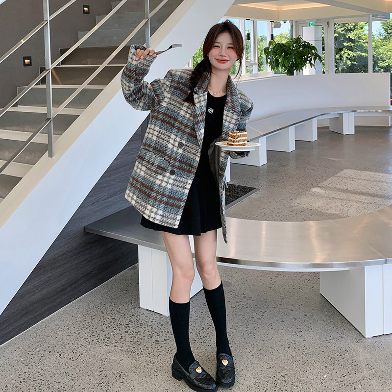 现货！24冬新款灰蓝色毛呢格纹西装260-3582-P155K228,女装毛呢外套,芭图娜