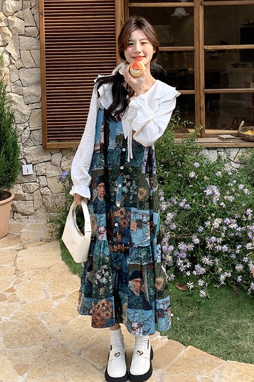 油画印花法式连衣裙女2025新款春日少女穿搭复古娃娃领假两件裙子,女装连衣裙,芭图娜