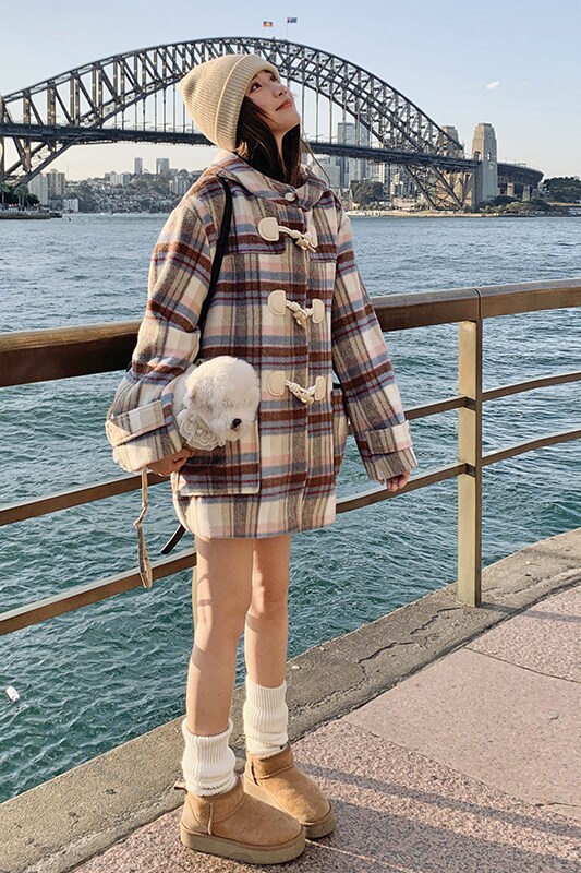 现货！复古格纹牛角扣大衣外套260-3178-P175K258,女装毛呢外套,芭图娜