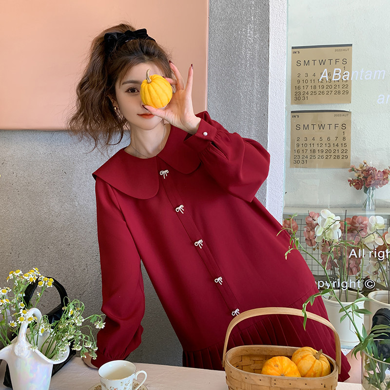 红色娃娃领连衣裙女2025春夏新款大码宽松甜美小个子百褶衬衫裙子,女装连衣裙,芭图娜