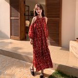 红色漂亮独特度假连衣裙女2025夏日新款露肩小心机气质茶歇碎花裙，女装连衣裙，芭图娜