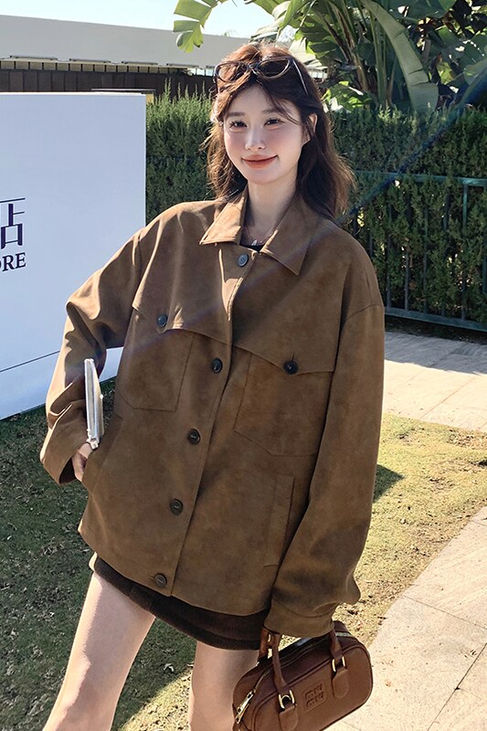 美拉德韩系chic甜辣晕染皮衣外套女春秋2025超火爆款宽松休闲夹克,女装皮衣,芭图娜