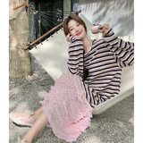 现货！定制纱裙下摆粉色条纹卫衣长裙260-3286-P115K168，女装连衣裙，芭图娜