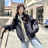 现货！藏蓝拼黄蓝格纹假三件美式夹克外套B260-5226-P165K238，女装短外套，芭图娜