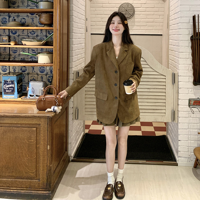麂皮绒咖色时尚西装外套女2025春季新款小个子高级感宽松休闲西服,女装西装,芭图娜