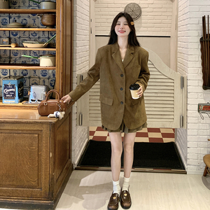 麂皮绒咖色时尚西装外套女2025春季新款小个子高级感宽松休闲西服图片