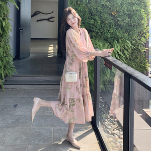 粉色气质新中式竹子印花连衣裙女夏季新款高级感显瘦V领收腰长裙图片