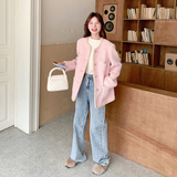 韩版甜美粉色毛呢小香风羽绒服女2025冬季新款显瘦加厚白鸭绒外套，女装羽绒服，芭图娜