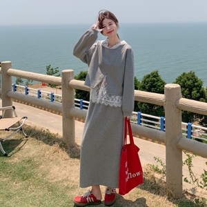 灰色韩系不规则卫衣套装裙女2025秋季新款蕾丝打底衫半身裙三件套图片