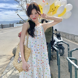 五天出货！ 圆点印花泡泡格 挂脖无袖连衣裙  260-5068-P125K178图片
