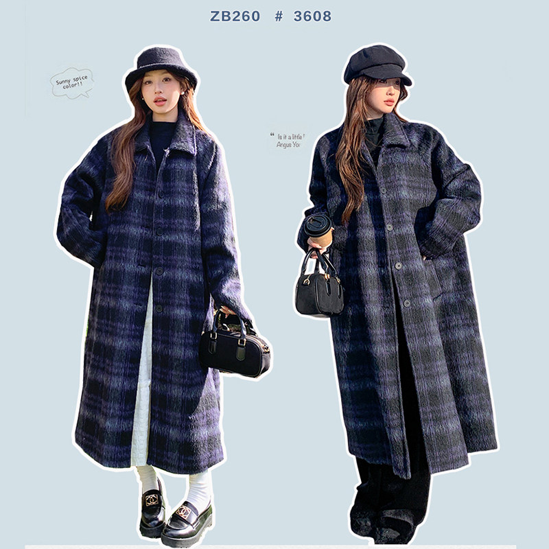 大货已出！黑紫格长款毛呢大衣外套B260-3608-P195K288,女装毛呢外套,芭图娜
