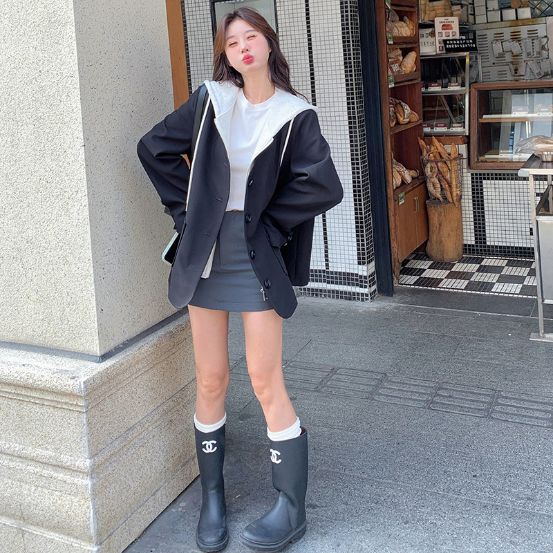 连帽西装外套女春季2025韩系高级感休闲宽松设计感假两件短款上衣,女装西装,芭图娜
