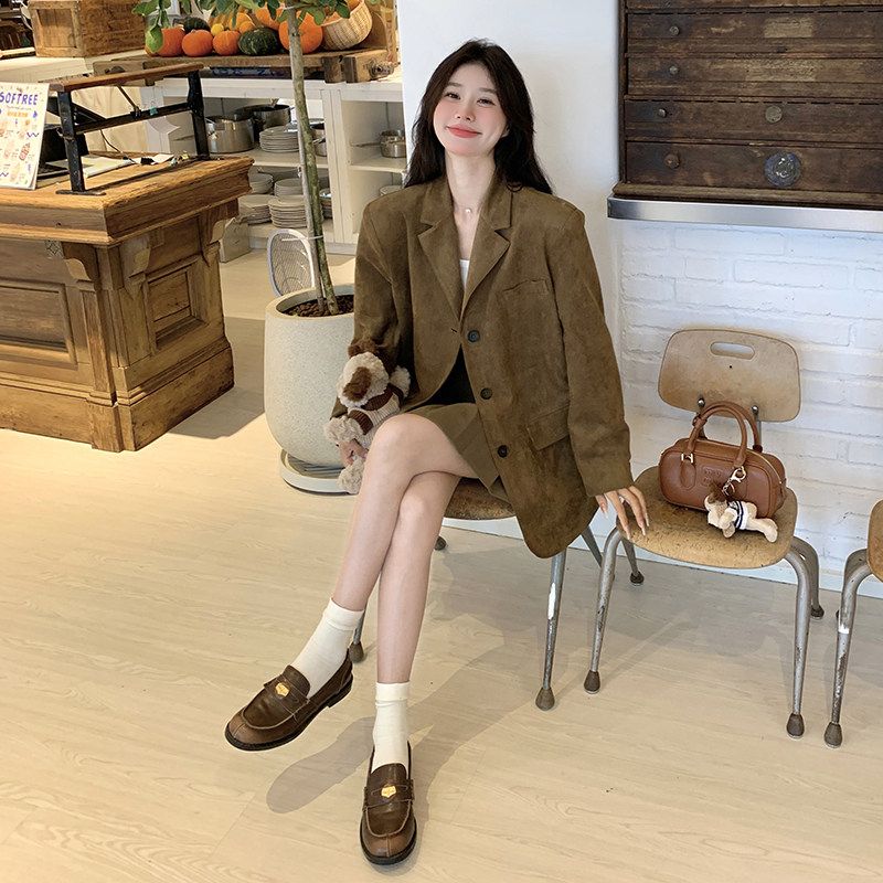 麂皮绒咖色时尚西装外套女2025春季新款小个子高级感宽松休闲西服,女装西装,芭图娜