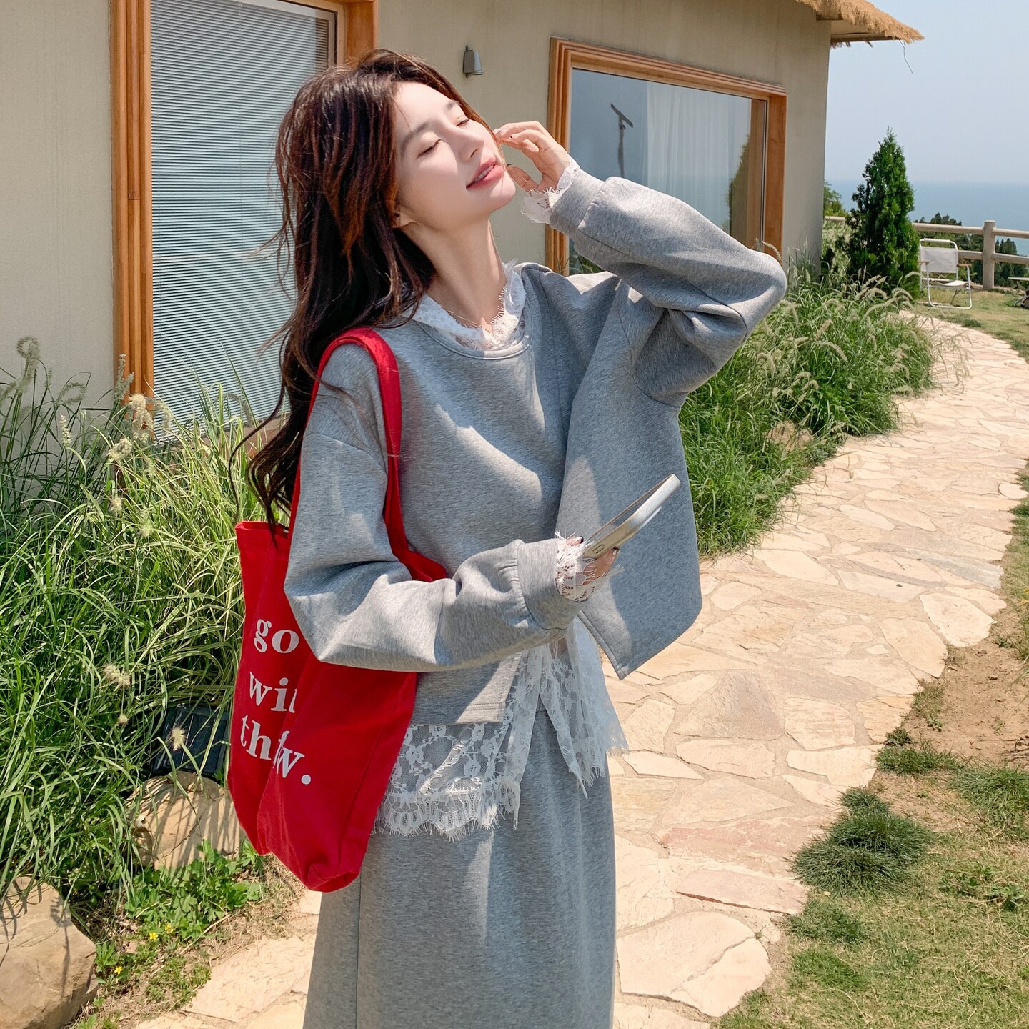 灰色韩系不规则卫衣套装裙女2025秋季新款蕾丝打底衫半身裙三件套,女装套装/套裙,芭图娜