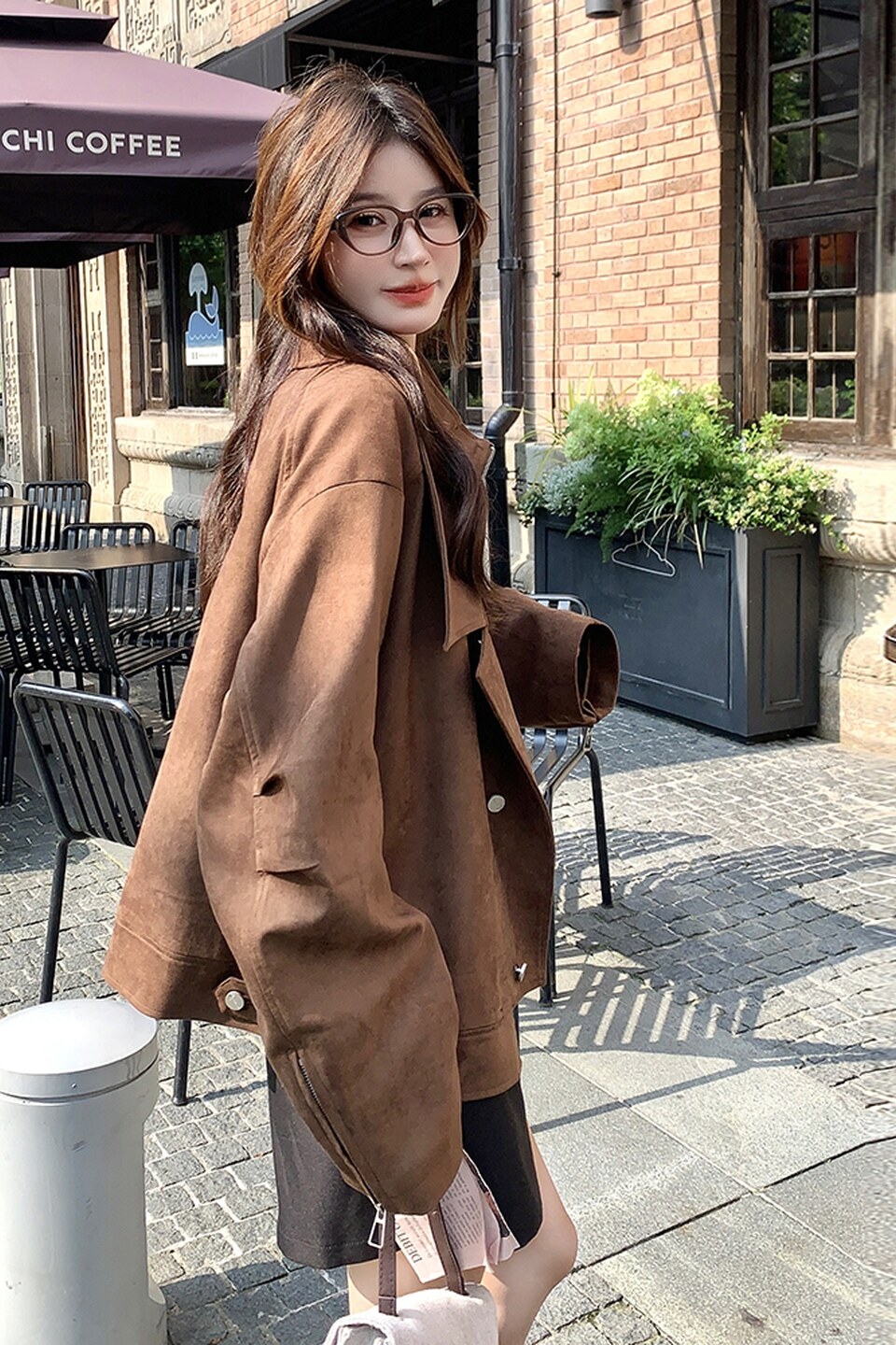 设计感咖色麂皮绒机车夹克女2025秋季新款复古时尚宽松显瘦外套潮,女装短外套,芭图娜