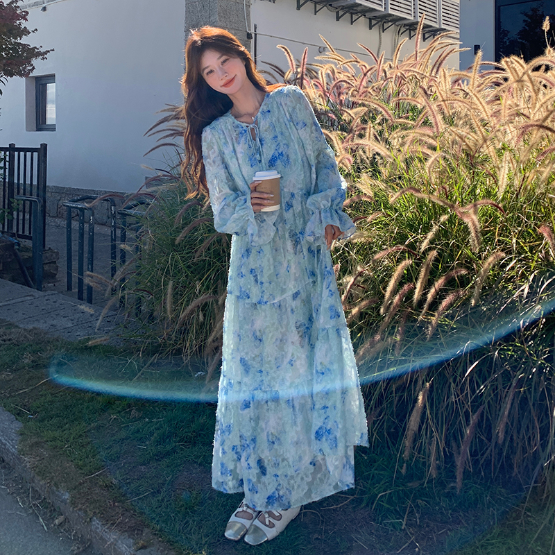 高个子蓝色法式海边度假风长裙到脚踝碎花连衣裙女宽松显瘦仙气春，女装连衣裙，芭图娜