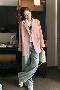 高级小众韩系chic粉色皮衣西装外套女春秋超火巨好看职业气质西服图片