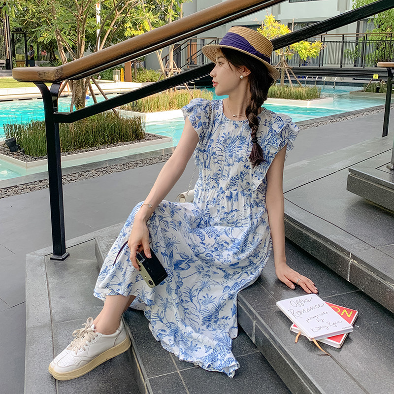 新中式轻国风蓝色碎花雪纺连衣裙女夏2025新款水墨青花瓷鱼尾长裙,女装连衣裙,芭图娜