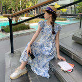 新中式轻国风蓝色碎花雪纺连衣裙女夏2025新款水墨青花瓷鱼尾长裙，女装连衣裙，芭图娜