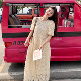 设计感雪纺镂空连衣裙女2025夏季新款蕾丝杏色复古名媛风绝美长裙，女装连衣裙，芭图娜