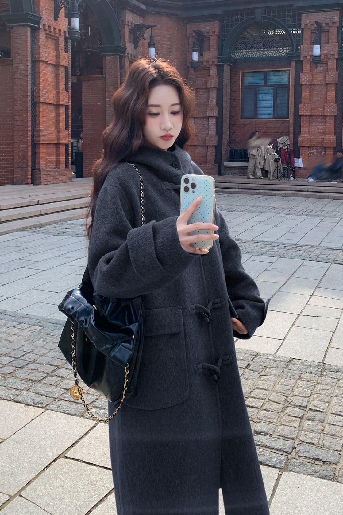 现货！格雷系灰牛角扣双面呢大衣B260-5330-P275K378,女装毛呢外套,芭图娜