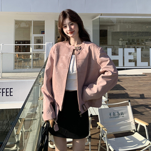 粉色皮衣外套女2025春季新款高级感炸街甜酷短款机车夹克流行爆款图片