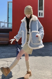 蓝色羊羔毛外套女冬季新款韩系甜美减龄小个子加绒加厚皮毛一体图片