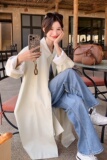 现货主推！绣花袖口拼接米白色中长款风衣B260-5255-P175K248，女装风衣，芭图娜