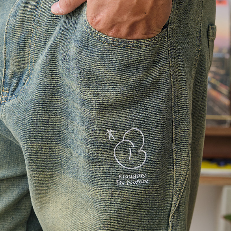 ACTIONS 泼墨破洞水洗牛仔裤刺绣廓形男宽松直筒垂感阔腿长裤