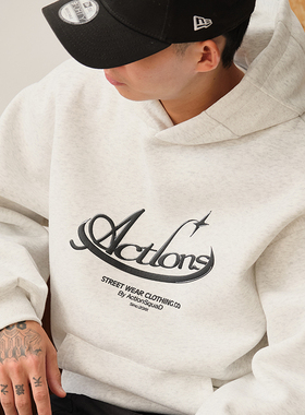 ACTIONS美式发泡复古运动风连帽BOXY卫衣男宽松情侣套头潮牌卫衣