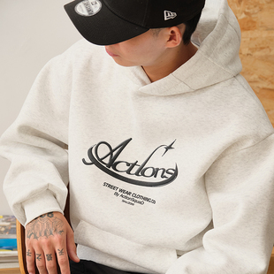 ACTIONS美式 发泡复古运动风连帽BOXY卫衣男宽松情侣套头潮牌卫衣