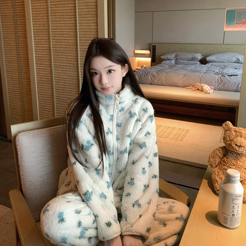 LAria小兰花 羊羔绒长袖睡衣女秋冬季立领2026新款高级薄绒家居服