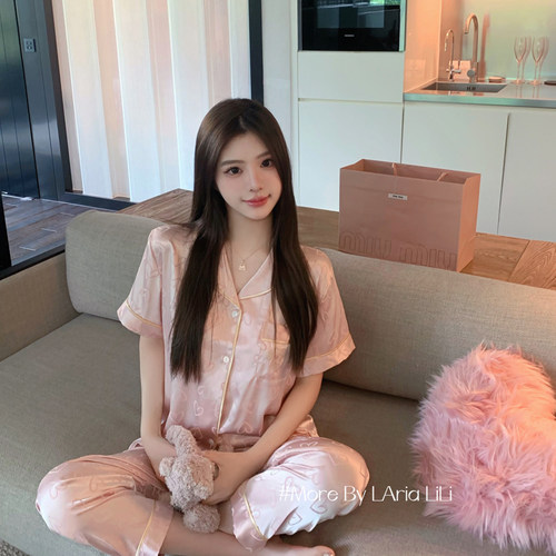 LAria*樱花2.0 缎面冰丝短袖睡衣女2025新款性感家居服夏季纯欲风