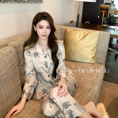 LAria清冷豹纹 三件套冰丝秋款长袖睡衣女新款秋季老钱风家居服