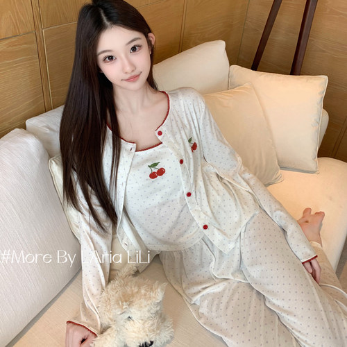LAria樱桃宅女 睡衣女纯欲风秋季2026新款波点高级感家居服三件套