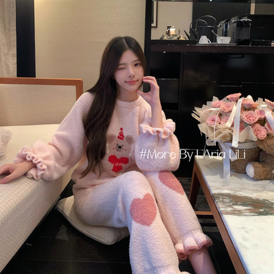 笨蛋小熊 半边绒睡衣女秋冬款2025新款加绒加厚秋冬季家居服套装