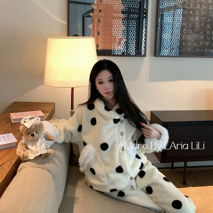 LA*黑糖奶油 珊瑚绒加绒加厚家居服秋冬款2024新款三层夹棉睡衣女