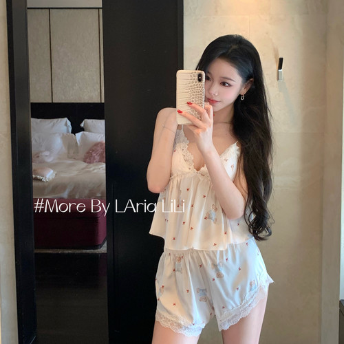 LAria小熊吊带  性感冰丝睡衣女夏季吊带2026新款纯欲蕾丝家居服